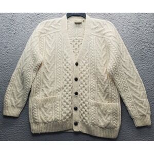Gaeltarra Cardigan Sweater Mens L Tan Fisherman Irish Aran Hand Knit Pure Wool